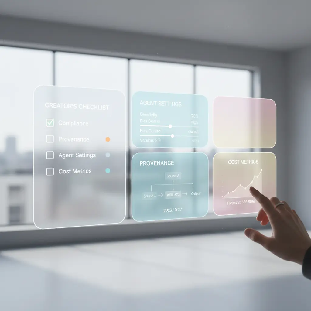 A creator’s checklist on a sleek dashboard showing compliance, provenance, agent settings, and cost metrics; minimal UI aesthetic, pastel colors, high clarity