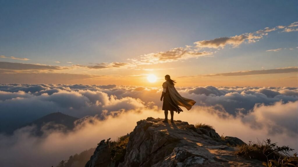 A fantasy character standing on a mountain at sunrise with dramatic clouds and golden light, cinematic fantasy art