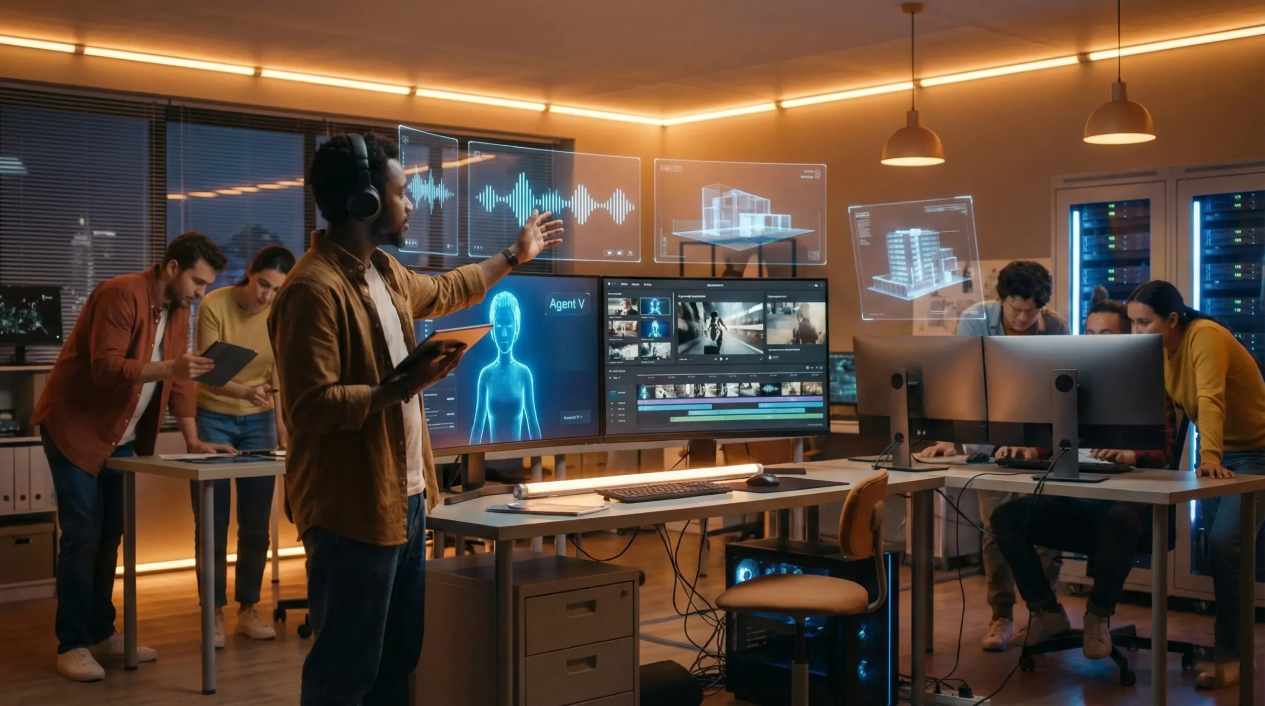 A futuristic creative studio where a human creator collaborates with multiple AI agents on screens