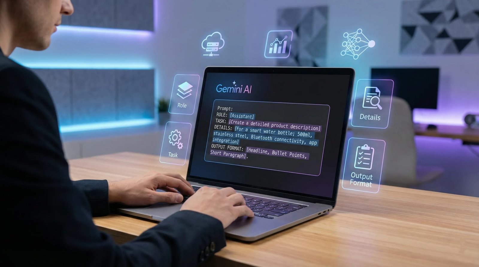A visual diagram showing a user typing a detailed AI prompt on a laptop with Gemini AI logo glowing on screen, clean modern tech style