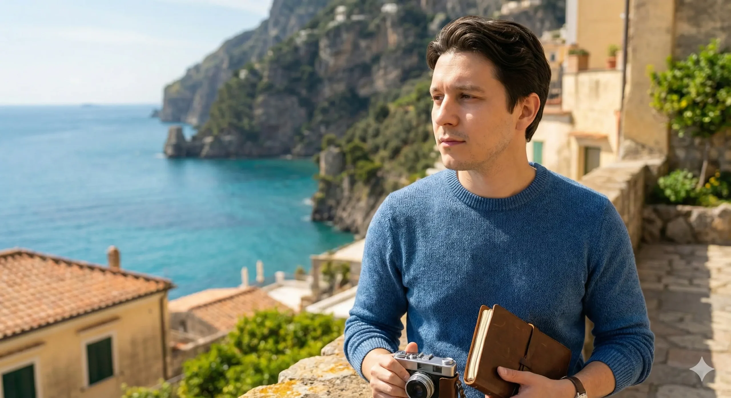 AI-enhanced travel lifestyle portrait with scenic background and natural light