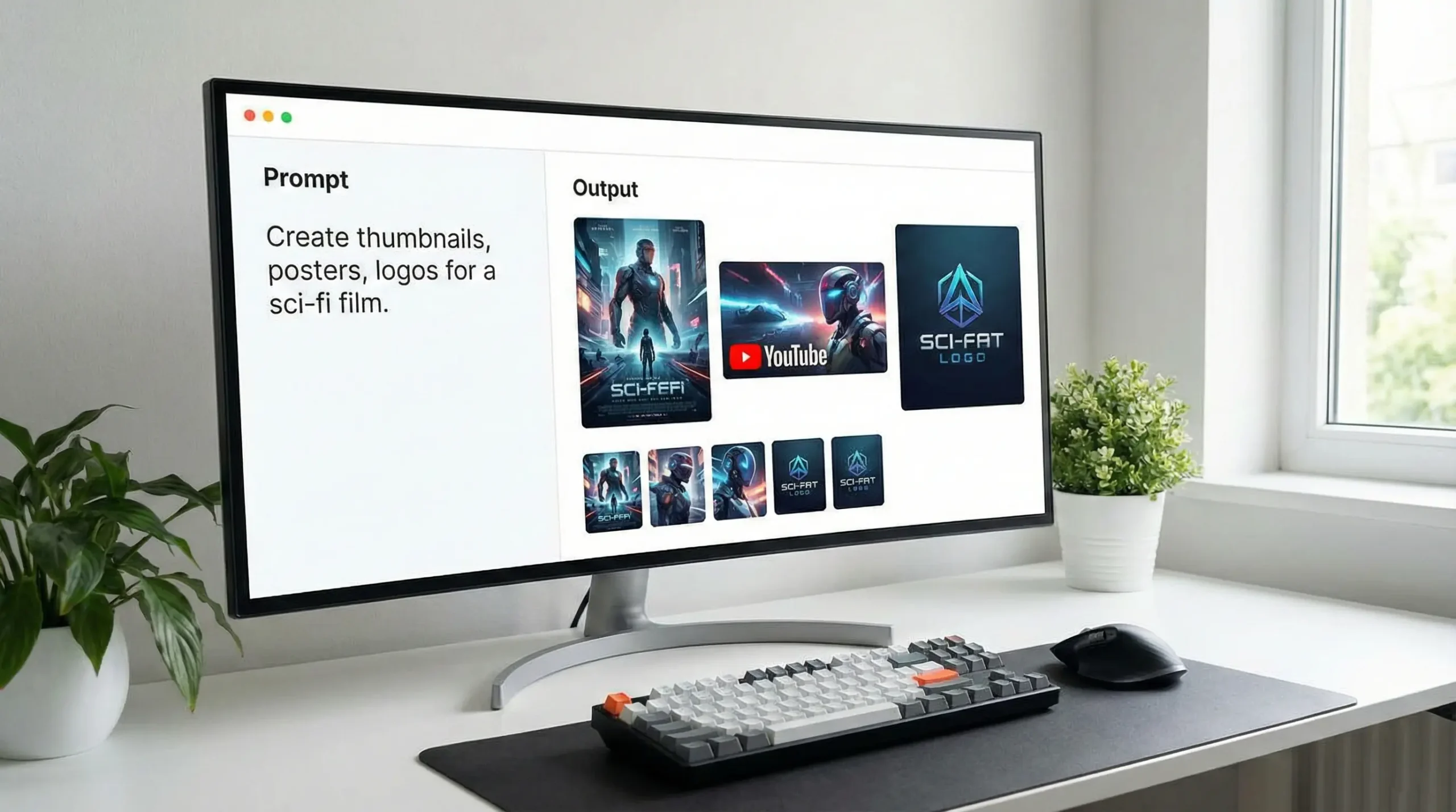 AI generating thumbnails, posters, logos from text prompts, with clean UI showing ‘prompt → output’ side-by-side; modern design