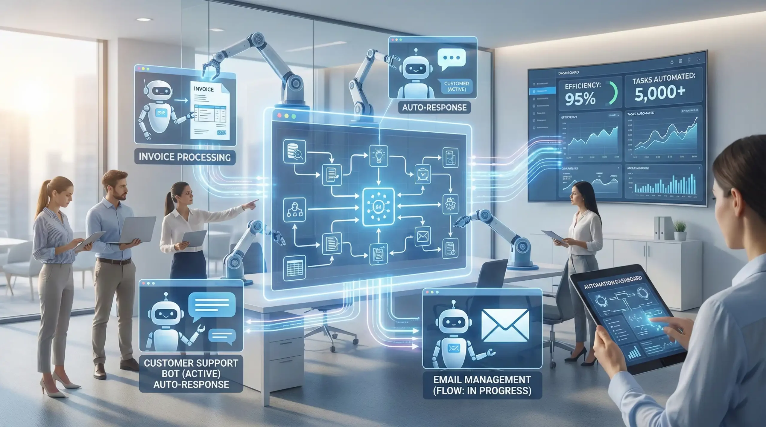 AI-powered automation in business workflows, robotic process automation visuals