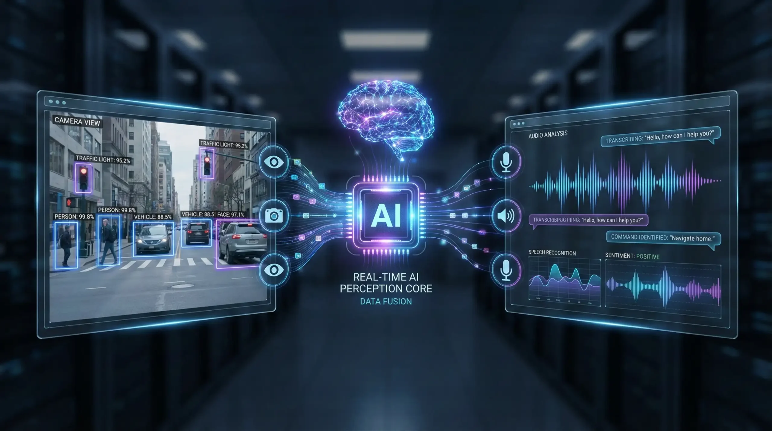 AI system analyzing visual and audio data using computer vision and speech recognition