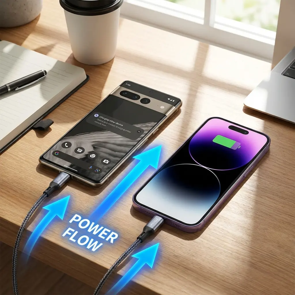 Android phone powering an iPhone through USB-C to Lightning cable, arrows showing direction of power