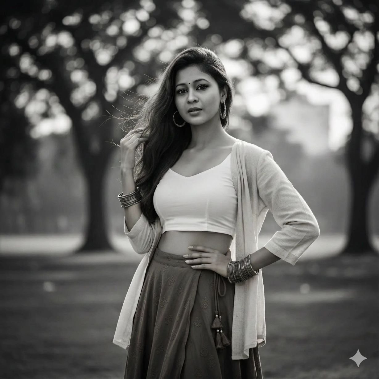 Black and white cinematic portrait with strong contrast and classic style