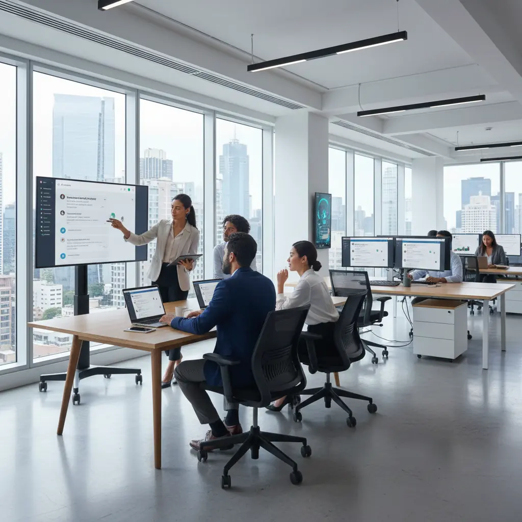 Business professionals collaborating with AI on screens