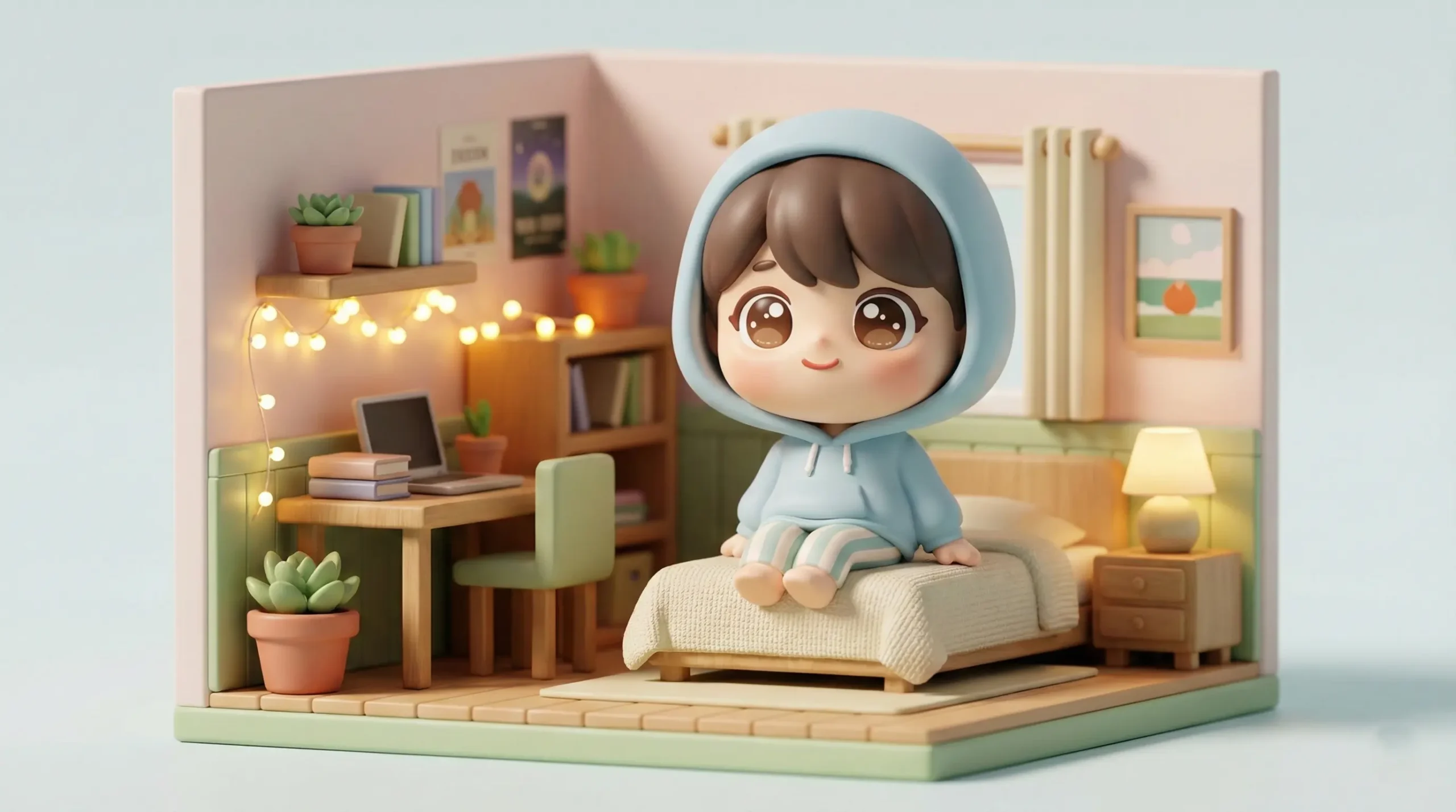 Chibi 3D character inside a cozy miniature bedroom diorama