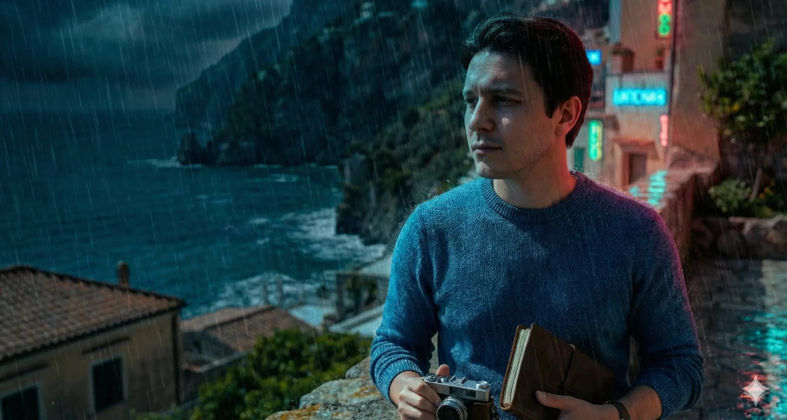 Cinematic rainy night portrait with neon reflections and dramatic mood