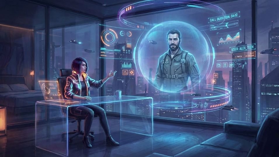 Concept art of hologram call between two users with futuristic UI