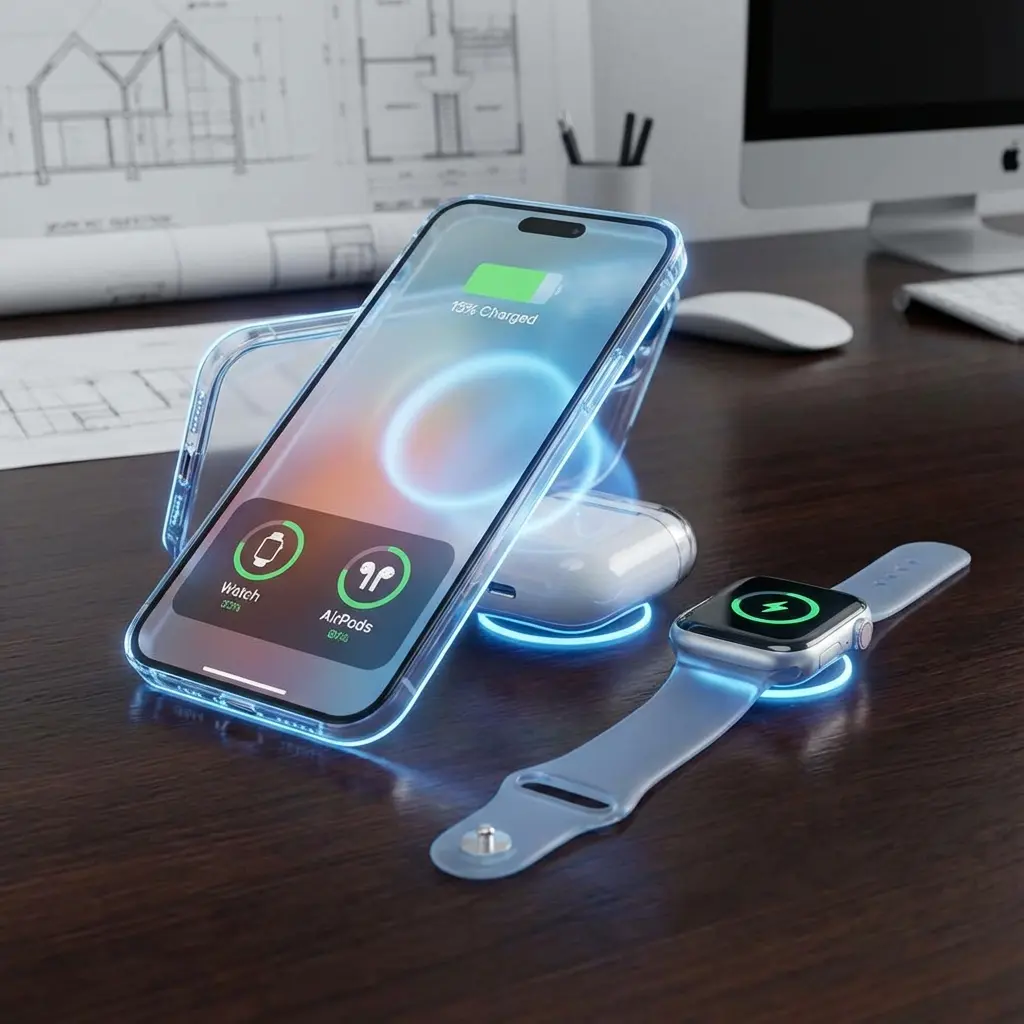 Concept image of future iPhone wirelessly charging AirPods and Apple Watch