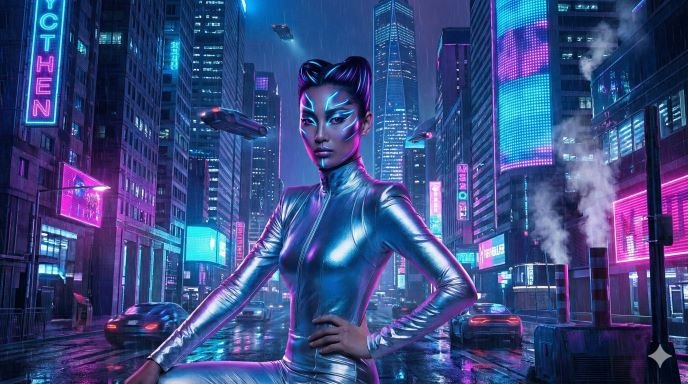 Cyberpunk-style AI portrait with neon lights and futuristic city elements