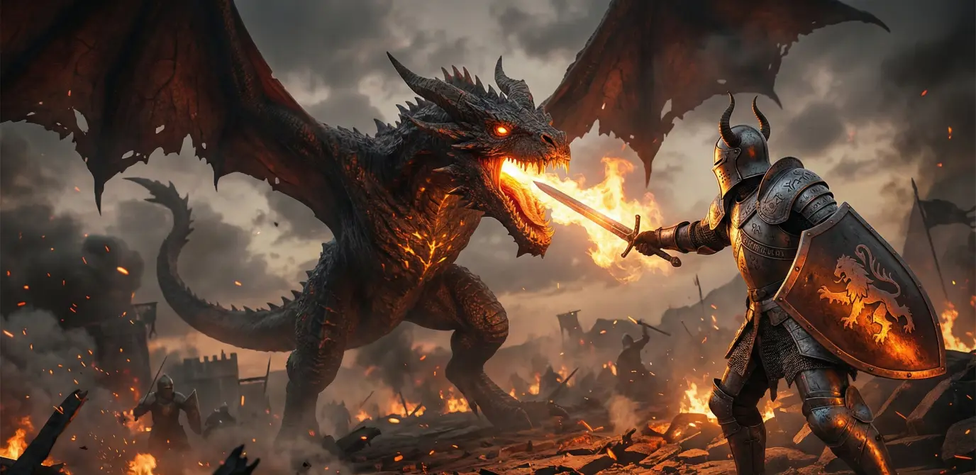 Epic medieval knight fighting a dragon with fire and dramatic lighting, cinematic fantasy art