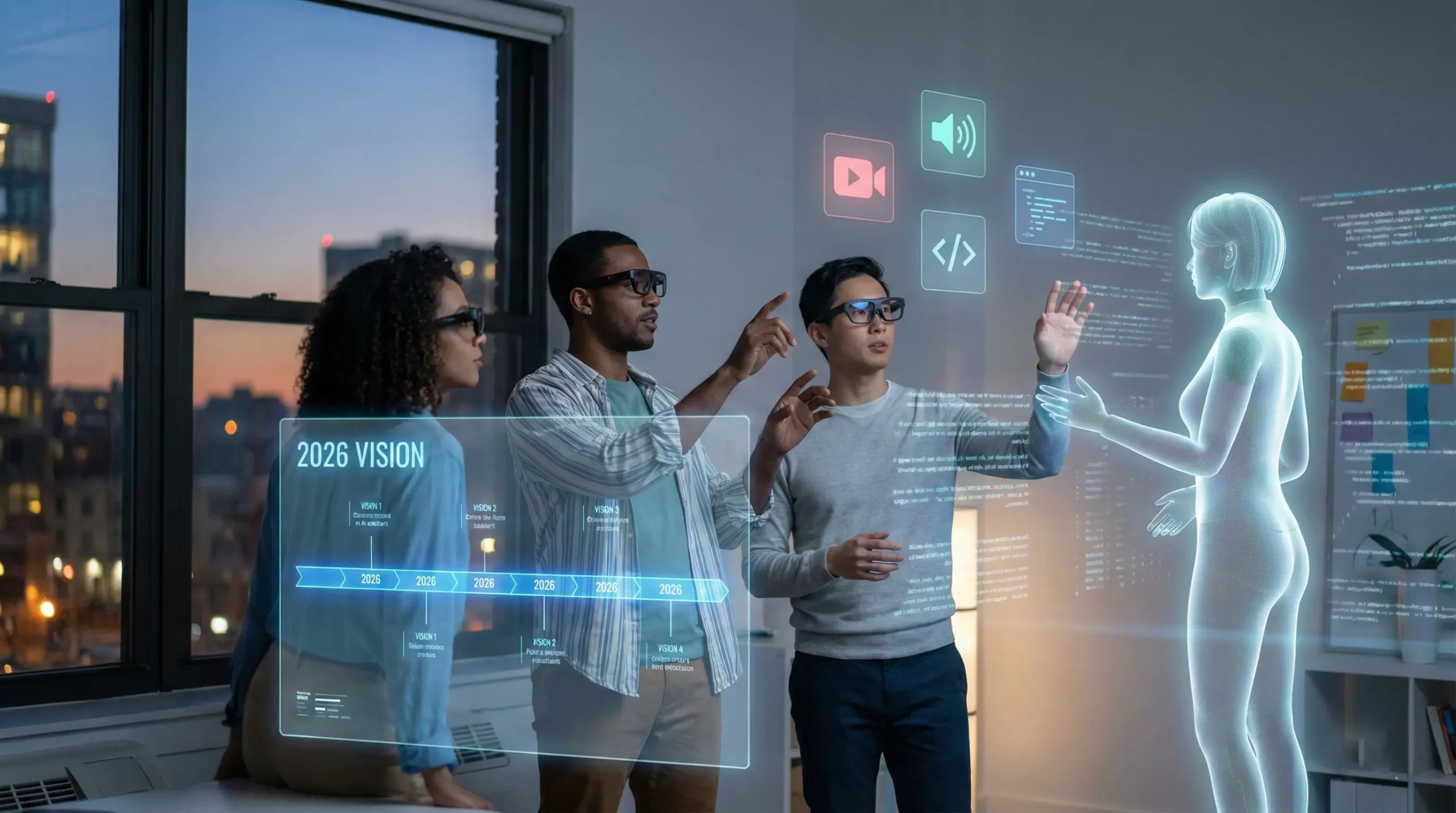 Futuristic creators working with AI assistants, holographic screens, content icons