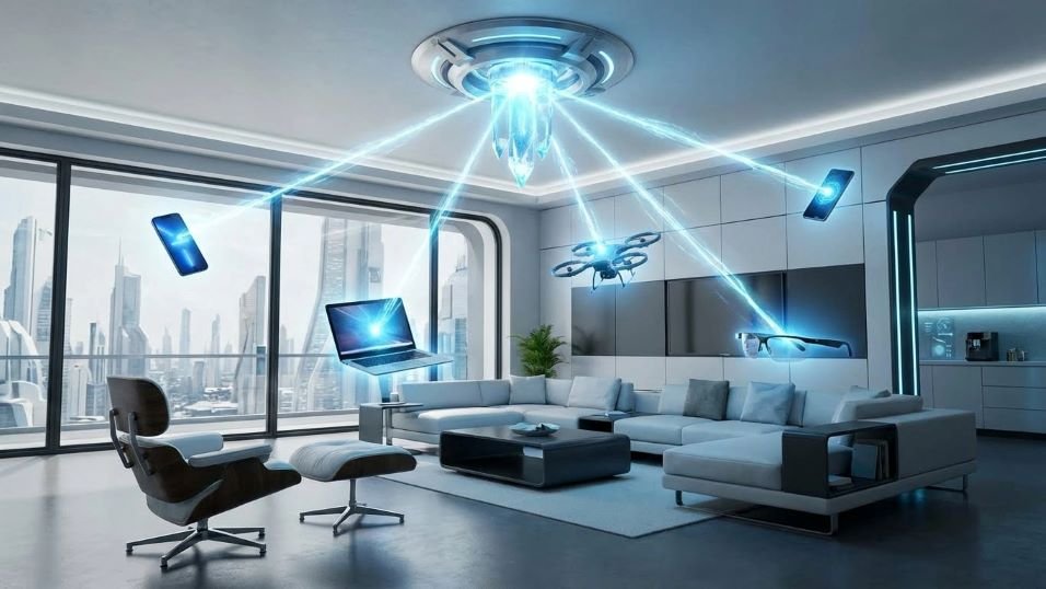 Futuristic wireless air charging setup powering multiple devices in a room