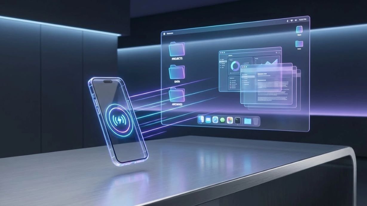 Futurstic Smartphone connected wirelessly to a big monitor