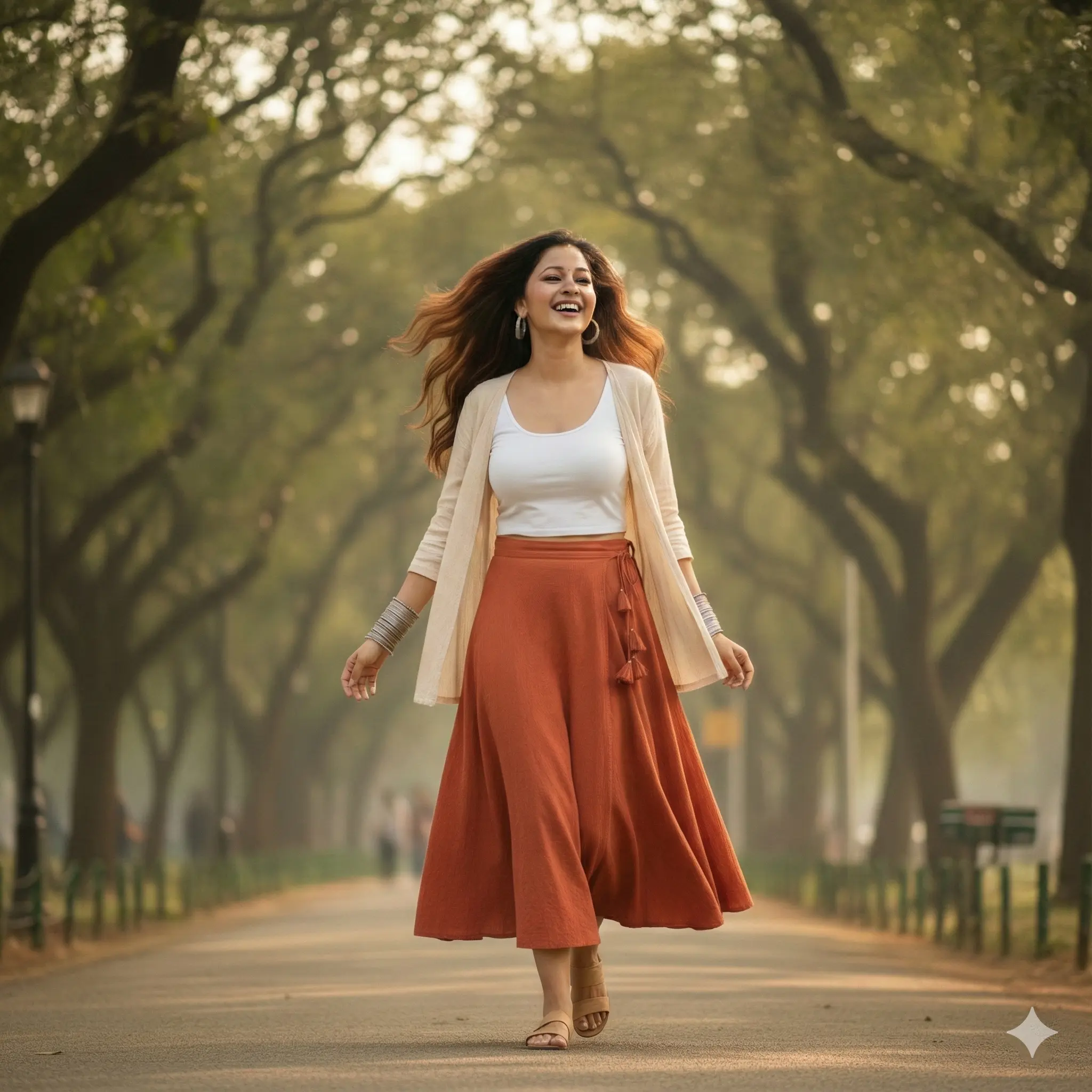 Outdoor AI-edited portrait with natural sunlight and greenery