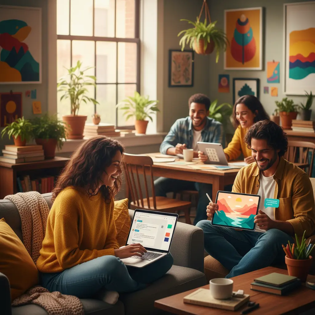 People enjoying creative activities with AI, writing, art, games, relaxed lifestyle setting