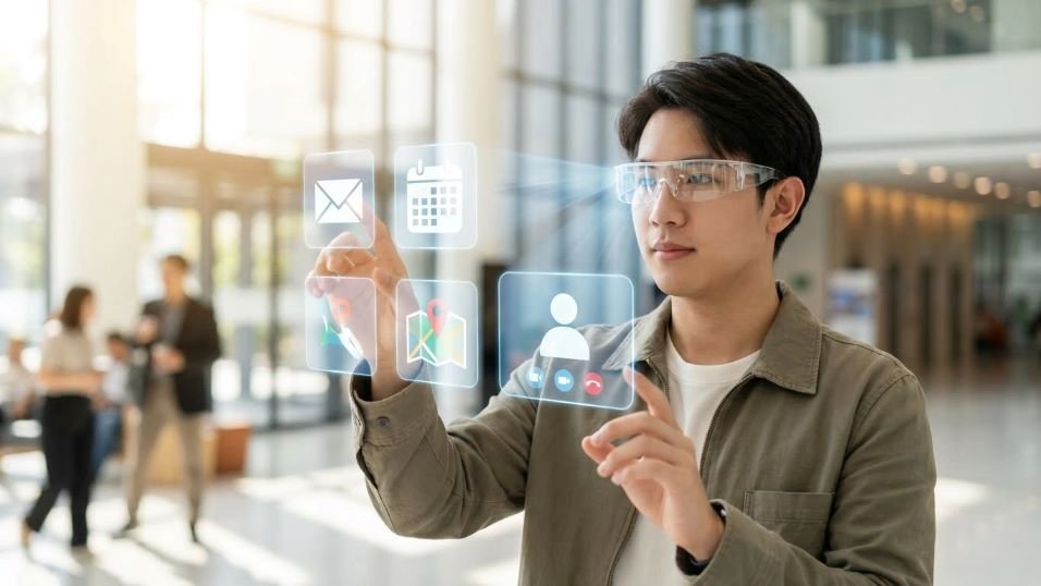 Person wearing AR glasses showing holographic apps floating in air