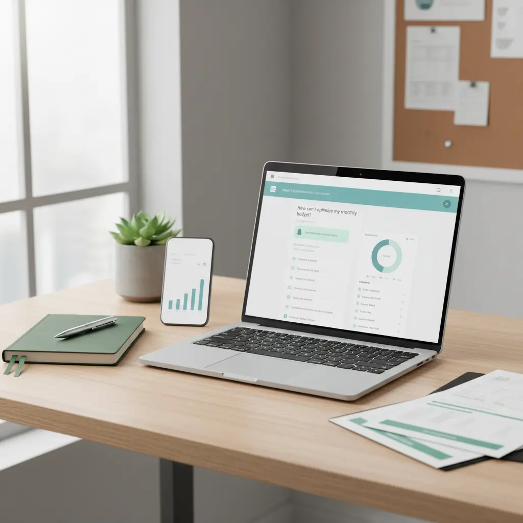 Personal finance planning with AI, charts, budget notebook, laptop, calm and organized