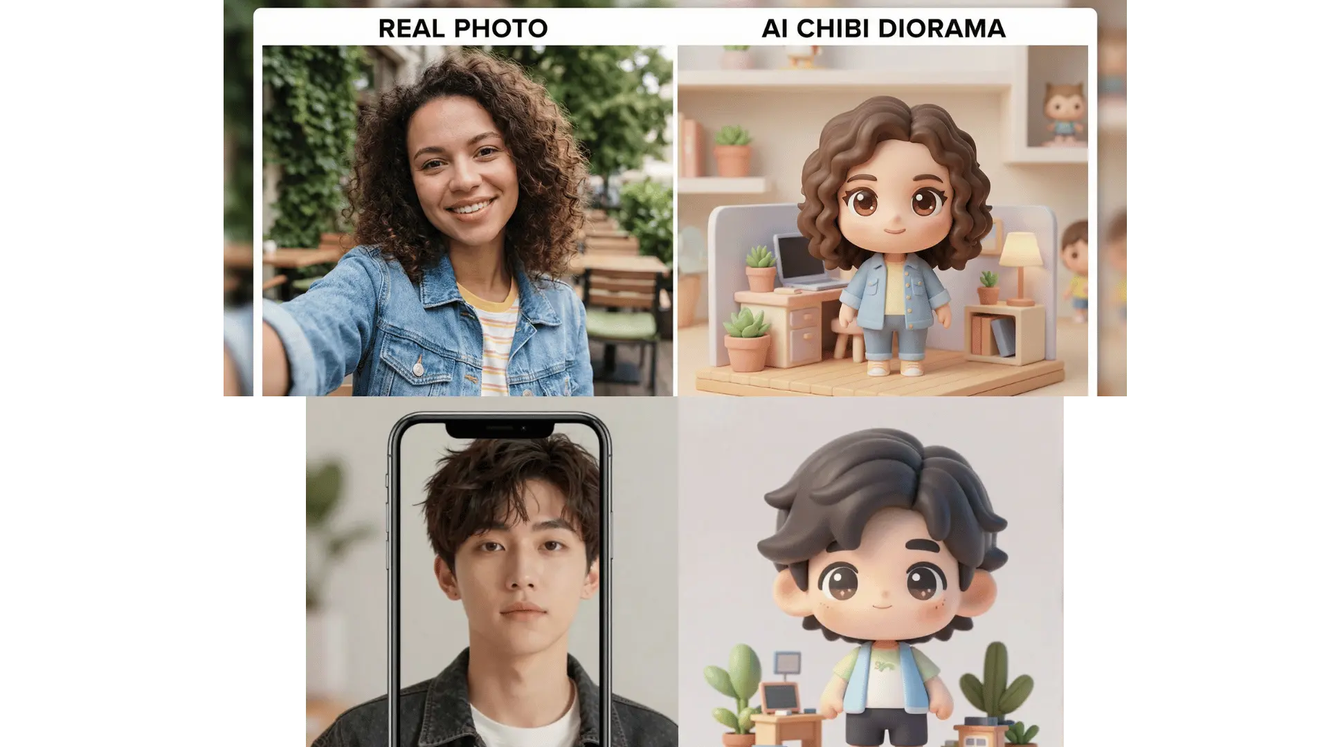 Side-by-side comparison of a real selfie and a chibi-style 3D AI diorama version