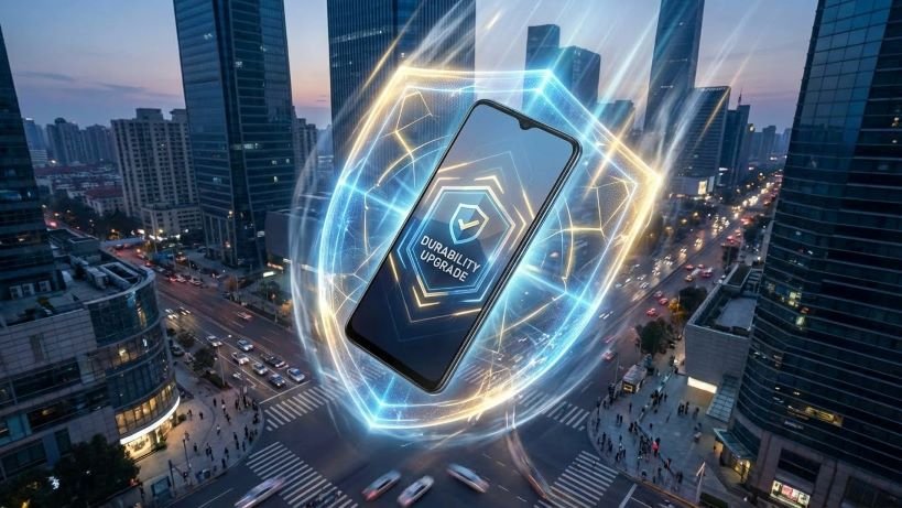 Smartphone falling from height but glowing shield around it representing durability upgrade