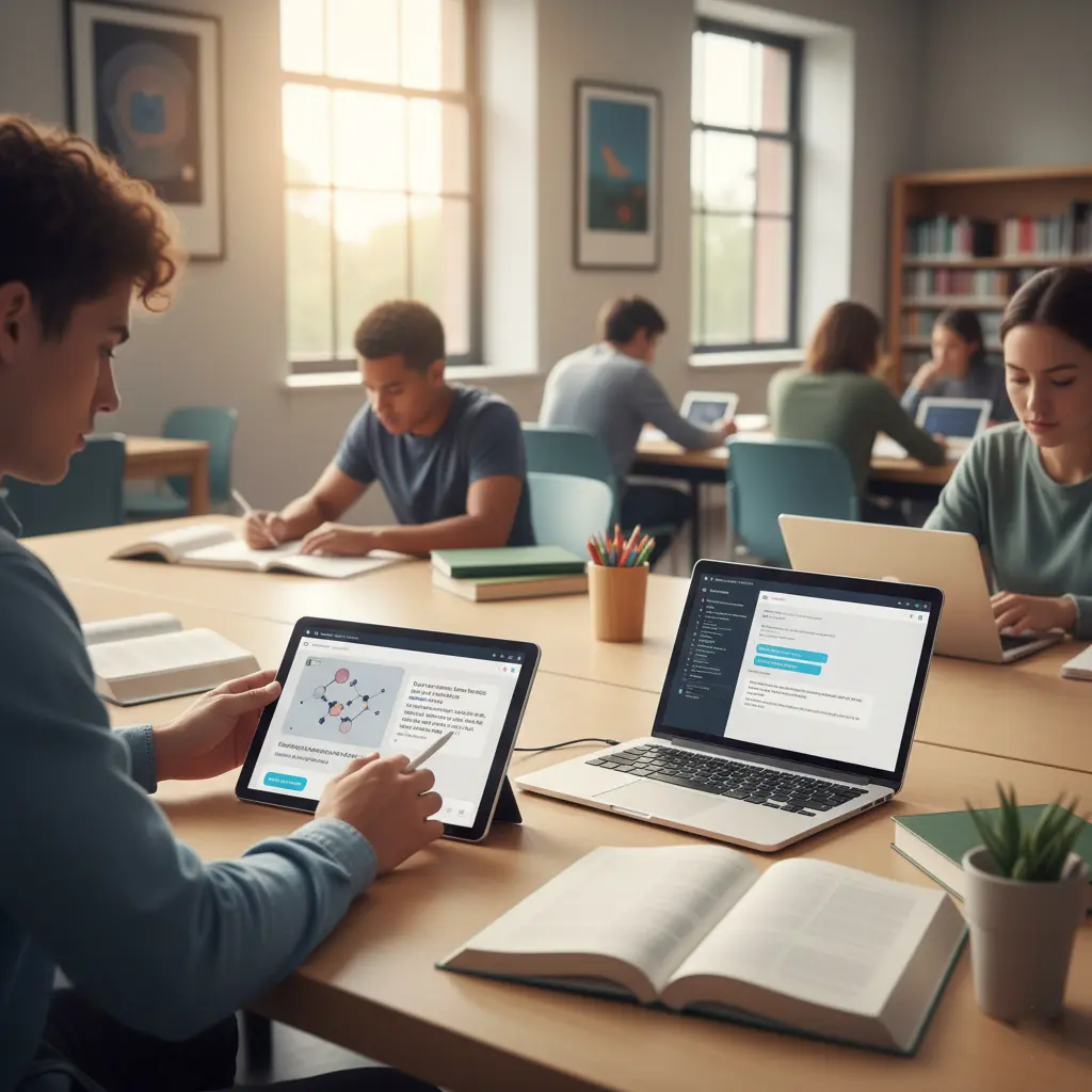 Students studying with AI on tablets and laptops