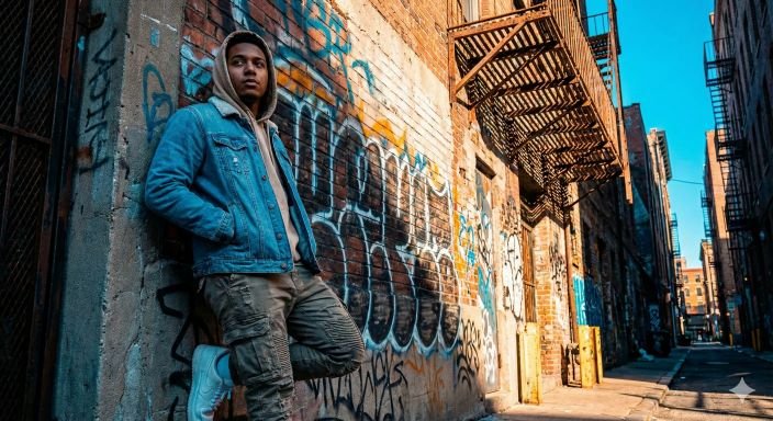 Urban street-style AI portrait with city background and bold lighting